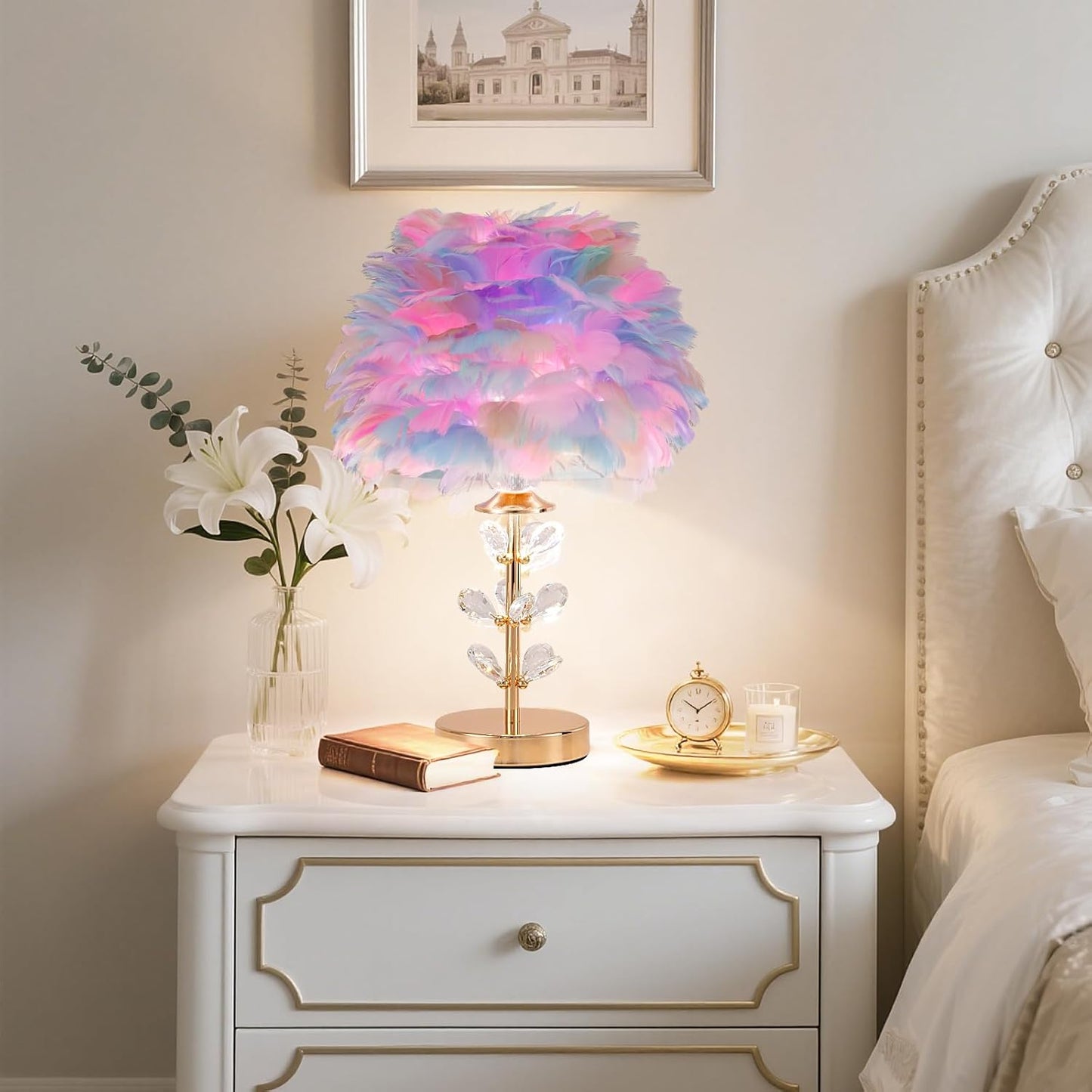 Colorful Feather Lamp Creative Furry Table Lamp Modern Feather Desk Lights Romantic Princess Bedside Nightstand Light for Teen Girls Bedroom Living Room Wedding Entryway Office