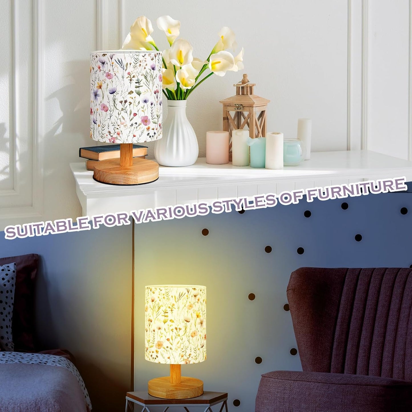 VIHOSE Wildflower Kids Table Lamp for Bedroom Kids Bedside Lamp with Linen Wooden Nightstand Cartoon Nursery Lampshade for Girls Boys Living Room