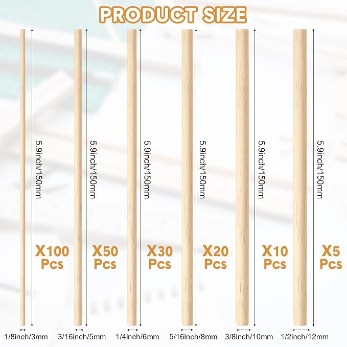 215 Pieces Balsa Wood Sticks Wooden Dowel Rods 1/8, 1/2 Inch Round Hardwood