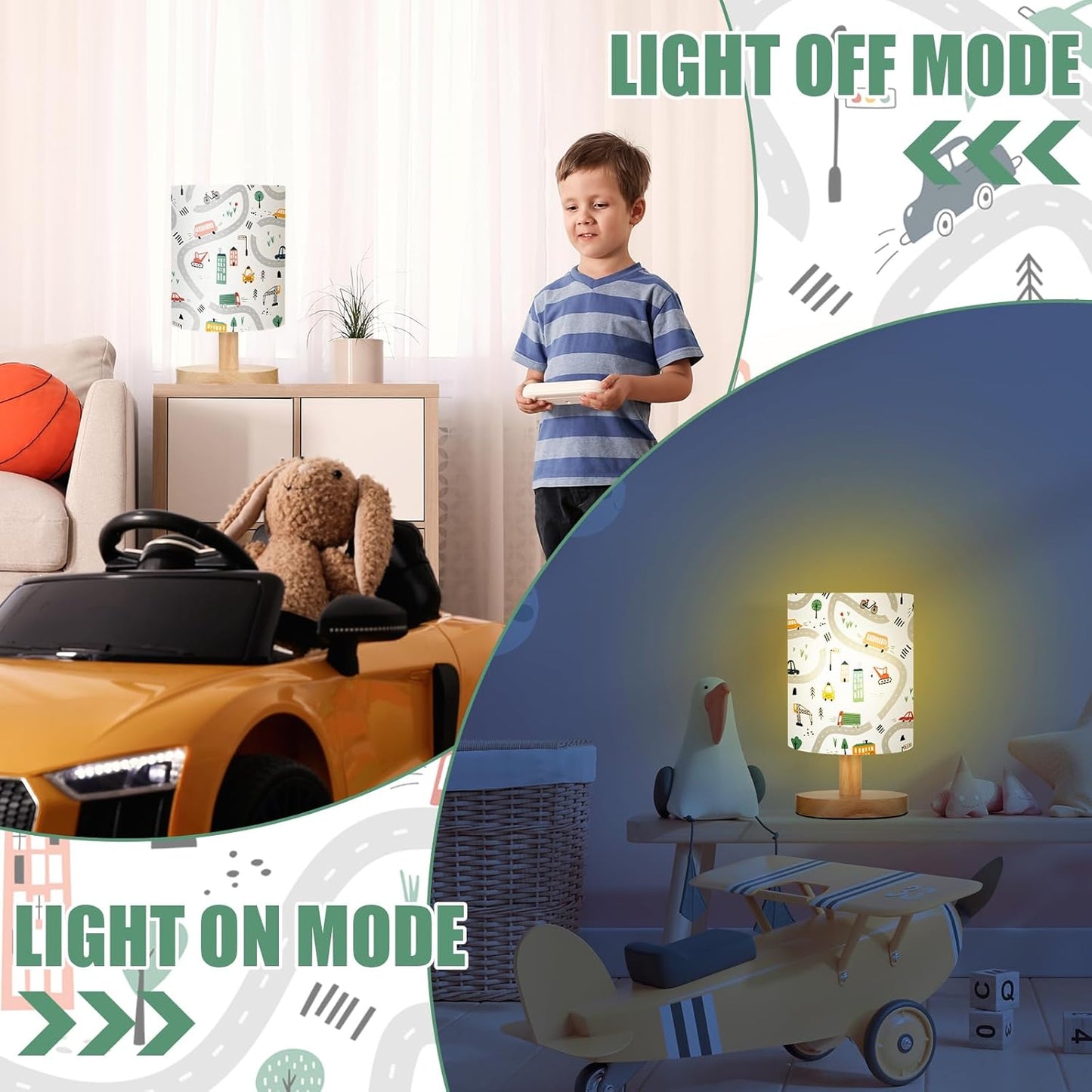 VIHOSE Transportation Kids Table Lamp for Bedroom Kids Bedside Lamp with Linen Wooden Nightstand Cartoon Nursery Lampshade for Girls Boys Living Room