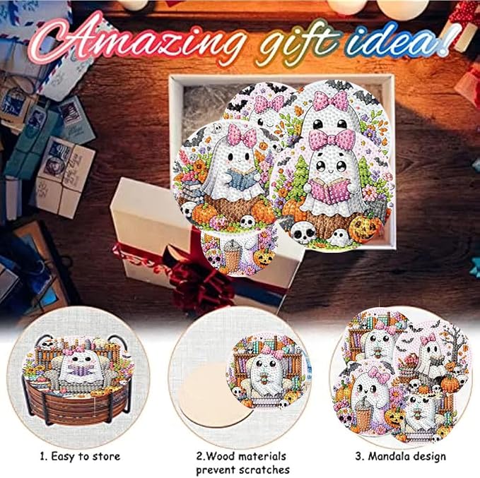 8 Pack Diamond Art Coasters, Halloween Ghost Diamond Painting Coasters Kits |
