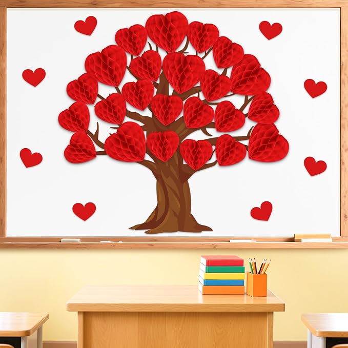 JarThenaAMCS 50Pcs Valentine' s Day Tree Bulletin Board Set 3D Heart Honeycomb