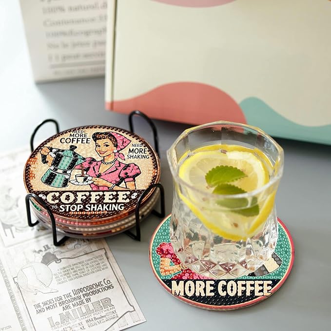 8Pcs Retro Housewife Diamond Art Coasters Kit, Vintage Coffee Diamond Painting