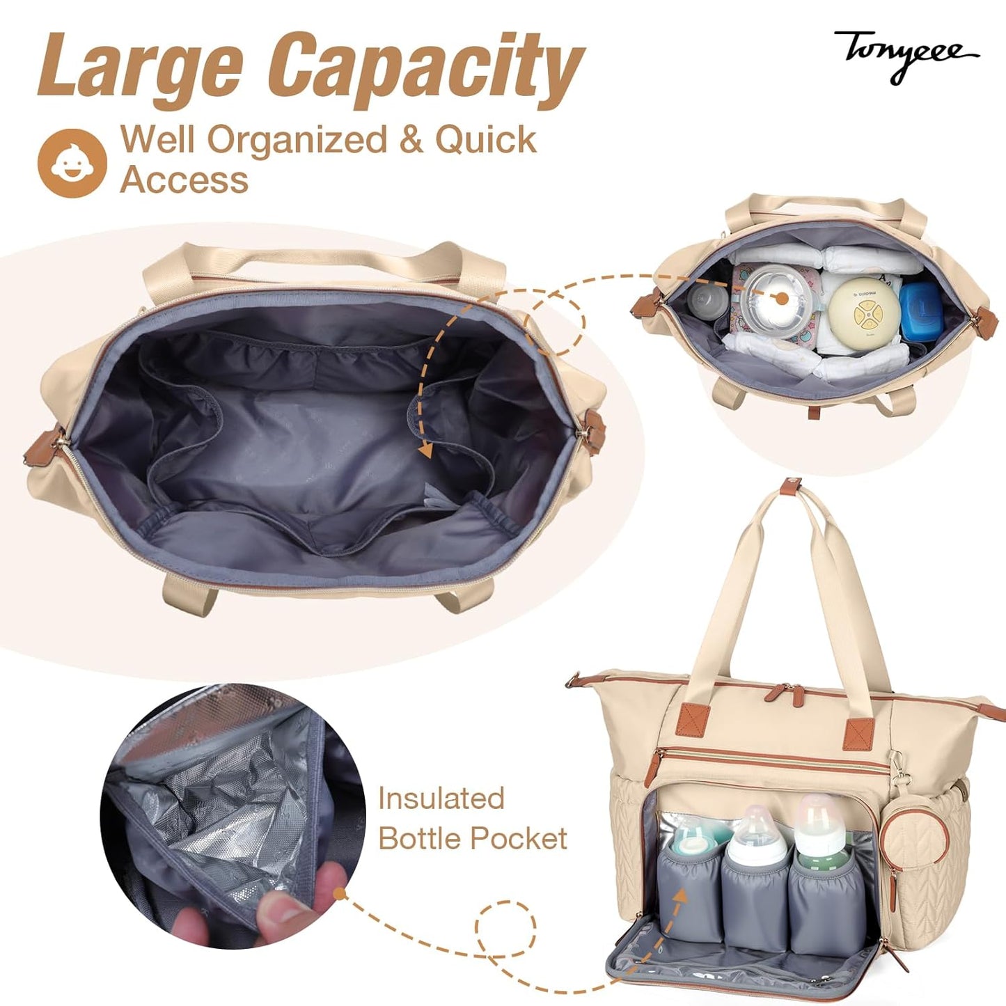 Diaper Bag Tote, Large Baby Diaper Bags Waterproof, Hospital Bag for Labor Delivery with Pacifier Case, Changing Pad, Shoulder Strap, khaki