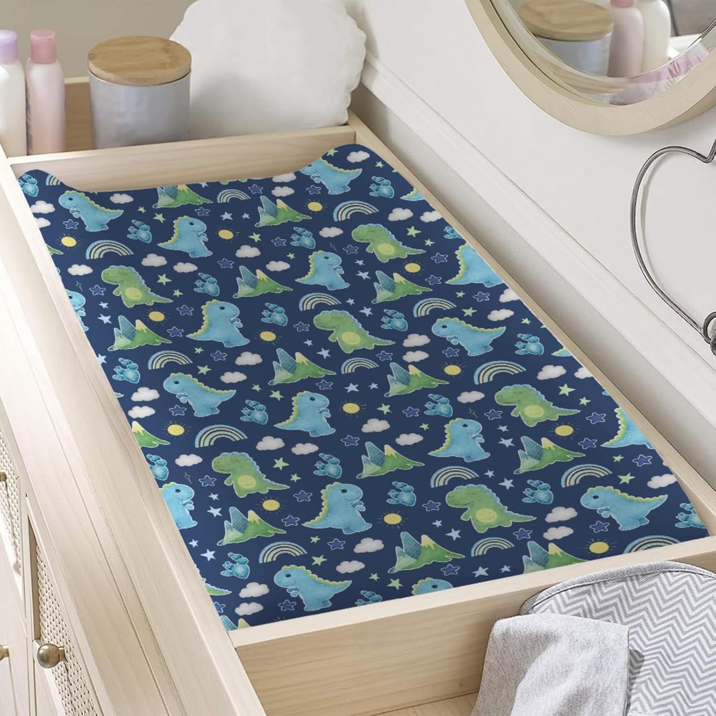 Dinosaur Rainbow Diaper Changing Pad Cover Sheets for Boy Girl 32''x16'' Cartoon Dino Sun Star Cactus Mountain Unisex Fitted Changing Table Covers Comfort Soft Breathable Baby Changing Table Mats Navy