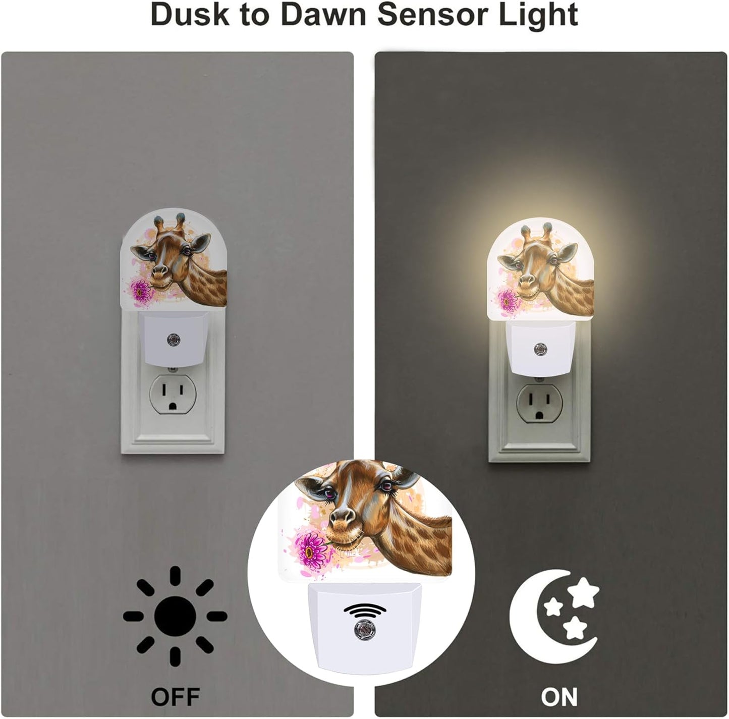Cute Giraffe Bite A Flower Night Light, Watercolor Wild Animal Floral Dusk to Dawn Night Light Plug in,0.5w Energy Saving Sleep Friendly NightLight for Kids Boys Girls Home Decor