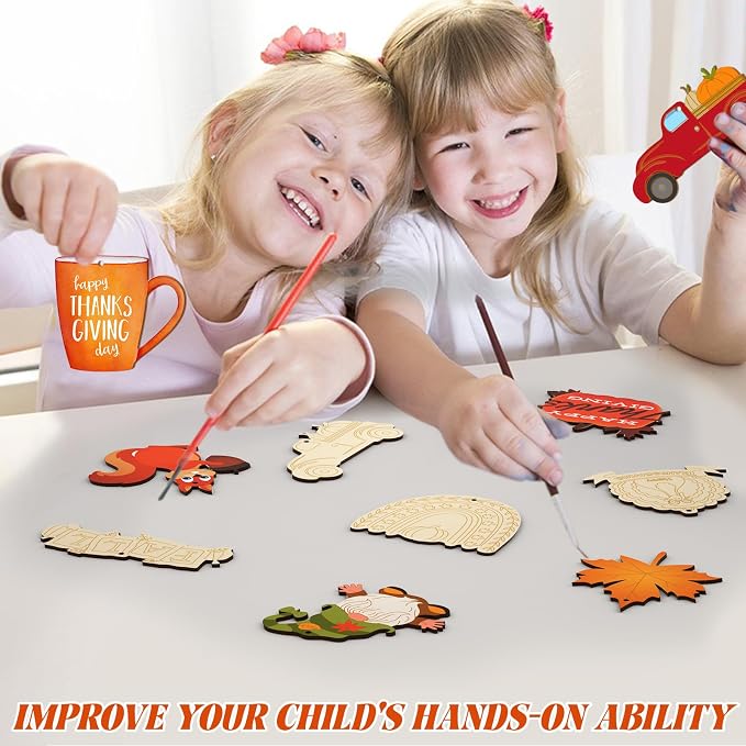 Subacy 80 PCS Unfinished Thanksgiving Wood Cutouts 10 Styles DIY Wooden Crafts