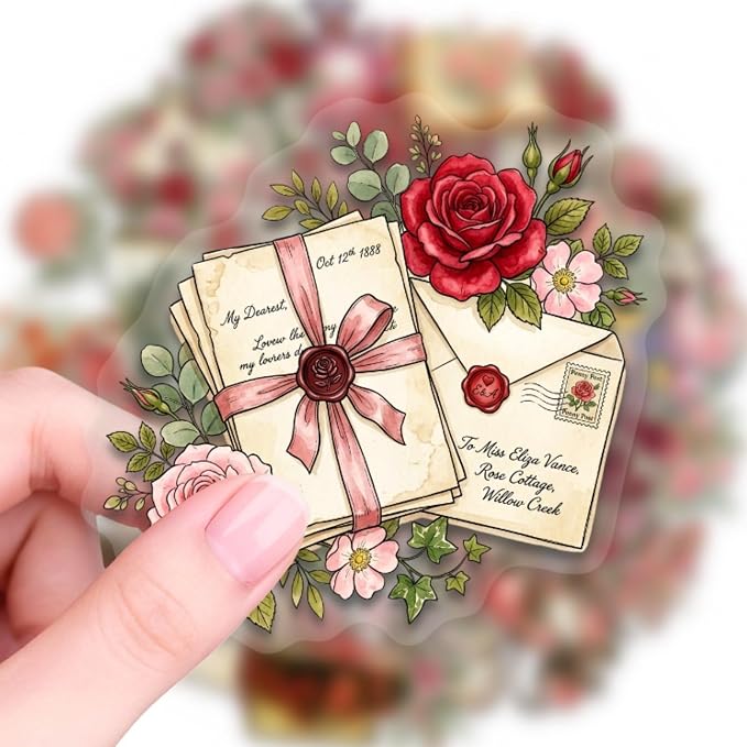 50PCS Vintage Rose Flower Stickers, Retro Love Letter Floral Decals, Waterproof