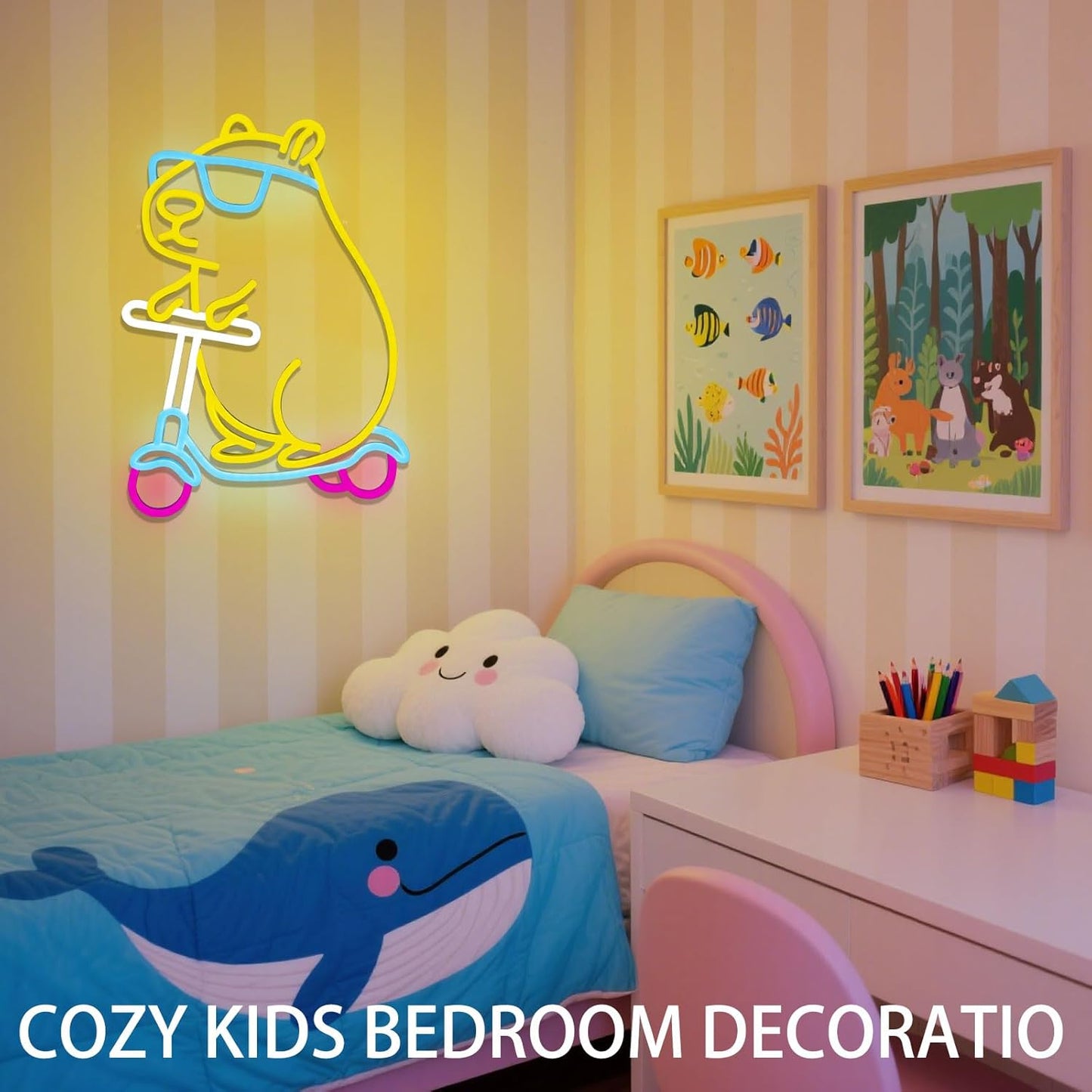 Cool Capybara Neon Sign, Dimmable Cute Animal with Shades on a Scooter, Lemon Yellow Capybara LED Lights for Wall Decor, Bedroom, Game Room, Kids Room, Birthday Party Decor, Teen Gifts
