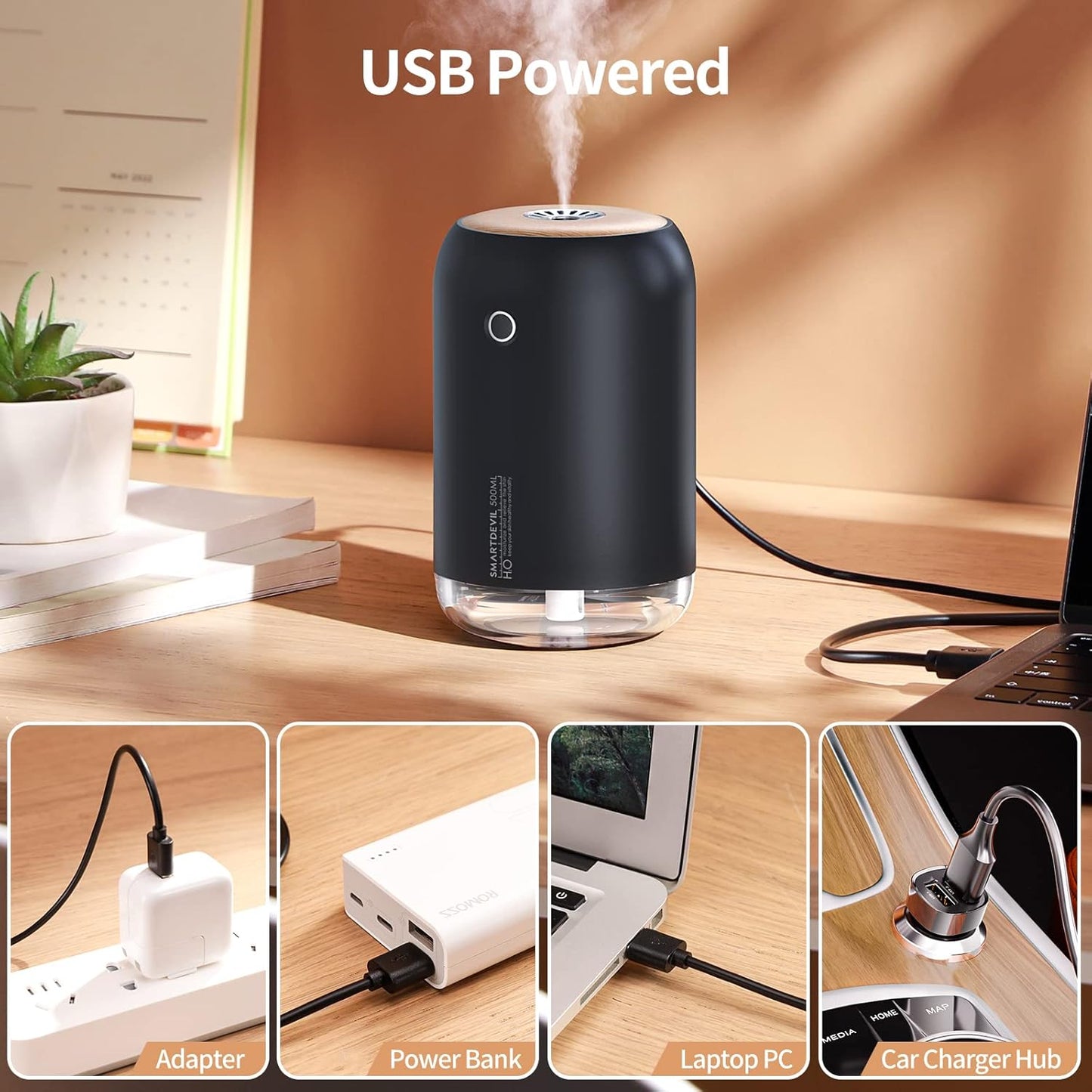 SmartDevil Portable Mini Humidifier, 500ml Desk Plant Humidifier, USB Personal for Bedroom, Office with Night Light, 2 Mist Modes, Black