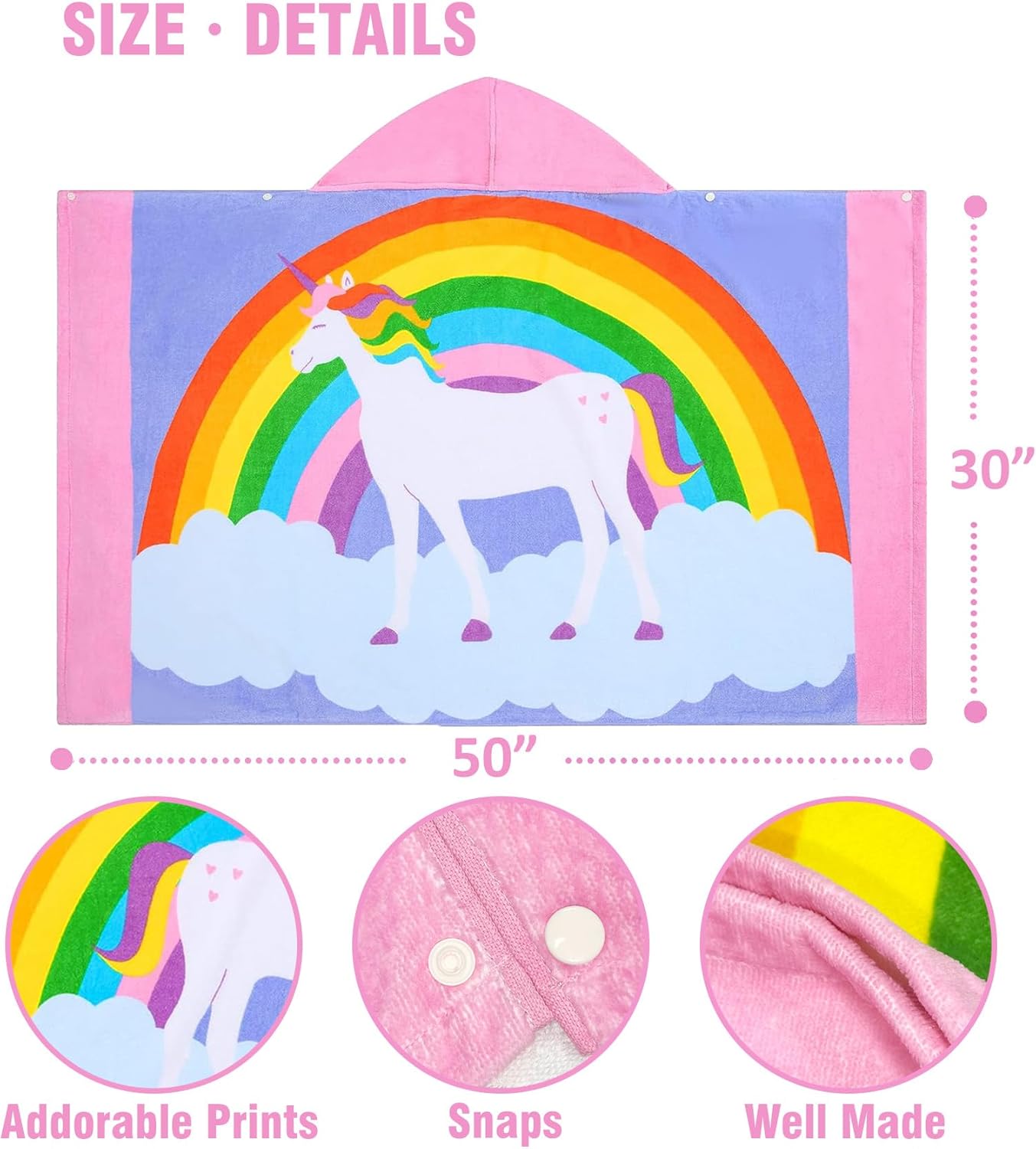 Kids Hooded Bath Towel-Soft Thick 100% Cotton Hooded Beach Towel for Kids 3-10 Years,Absorbent Fast-Drying Cute Toddler Bath & Swim Towel,for Boys & Girls,30"x50"(rainbowunicorn Pink)