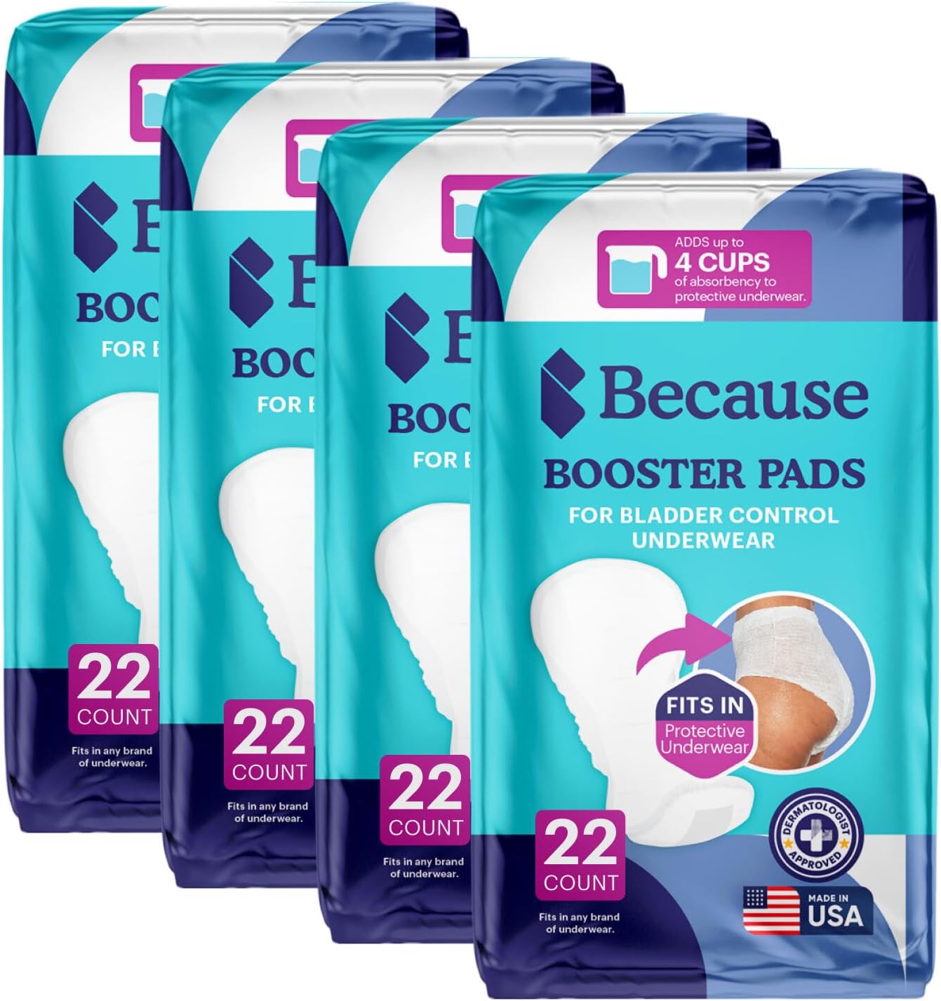 Because Overnight Booster Pads Fit All Adult Diapers, Helps Keep Your Adult Diaper Active All Night, Adds 4 Cups to Incontinence Underwear, Extra Absorbency, 88 Count