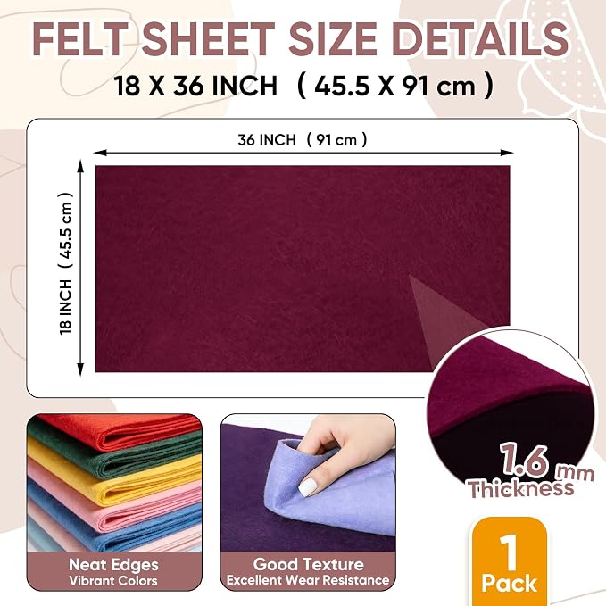 Soft Felt Fabric Sheet 18" x 36", 1.6mm Acrylic Craft Felt, Burgundy | Soft
