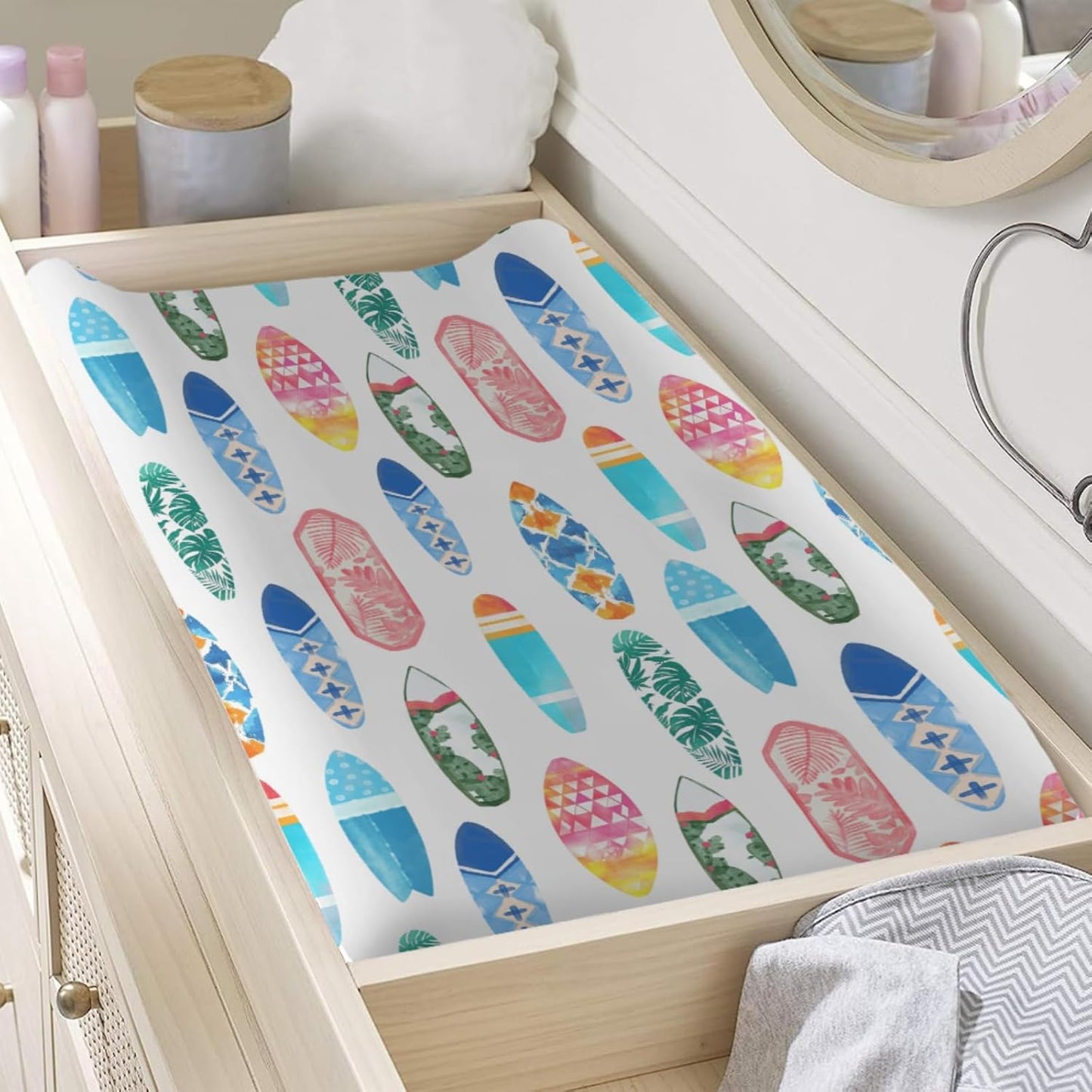Colorful Surfboards Baby Changing Pad Covers for Boy Girl 32''x16'' Hawaiian Tropical Beach Surfing Fitted Diaper Change Table Mats Boho Summer Ocean Sports Soft Nursery Cradle & Bassinet Sheets