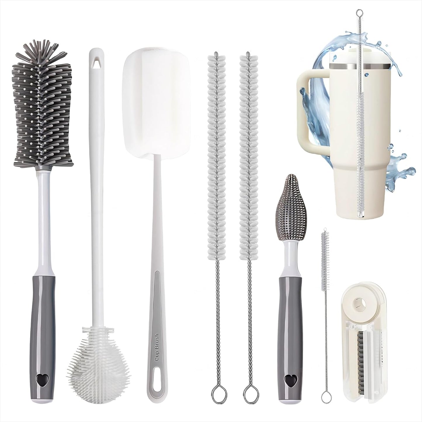 8Pcs Water Bottle Cleaner Brush - Multipurpose Cup Cleaner Kit with Long Nylon Straw Brush Long Handle Silicone Bottles Cleaning for Tumbler, Sports Water Bottle, Wine Glass
