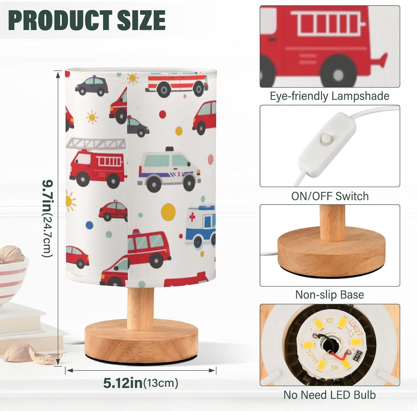 Fire Truck Police Ambulance Car Table Lamp for Bedroom Bedside Lamp Desk Lamps Cylinder Nightstand Lamp for Living Room Office Decor