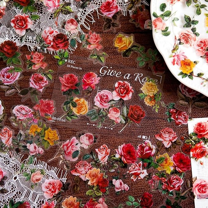 100Pcs Flower Stickers, Obujopal Small Floral PET Transparent Stickers