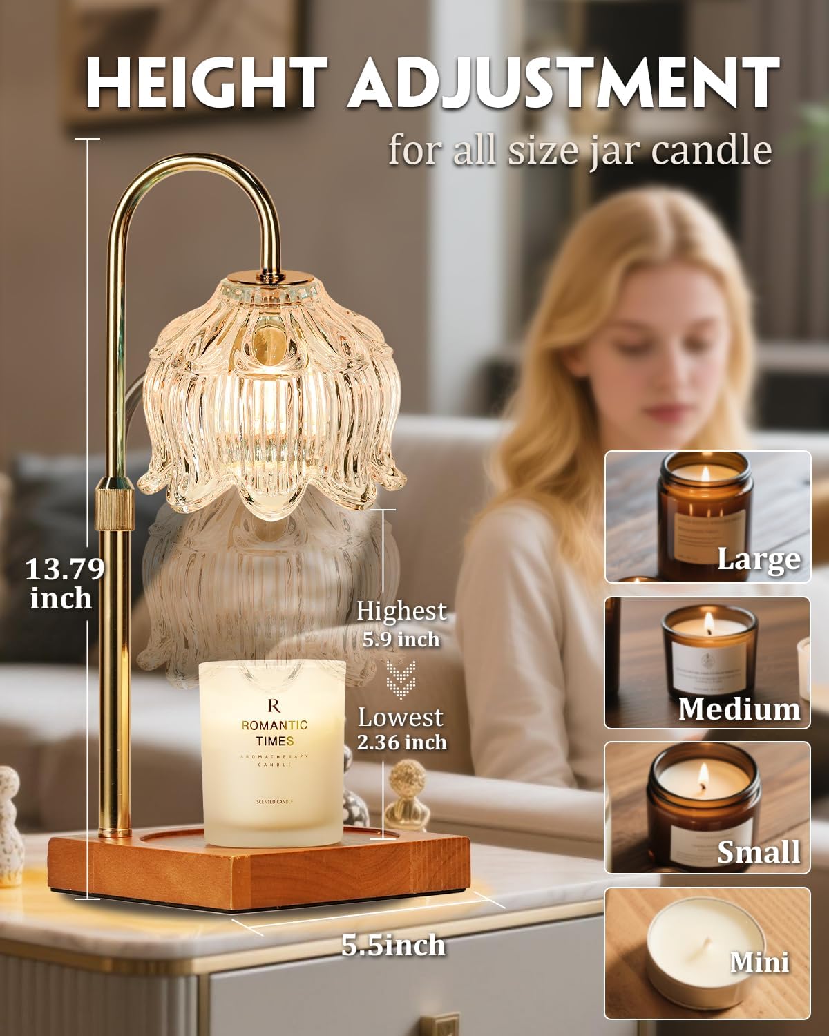 White Clear Candle Warmer Lamp with Timer & Dimmer, Candle Warmer Adjustable Height, Gifts for Women Mom Birthday Christmas, House Warming New Home Bedroom Decor, Flower Wax Warmer for Jar Candles