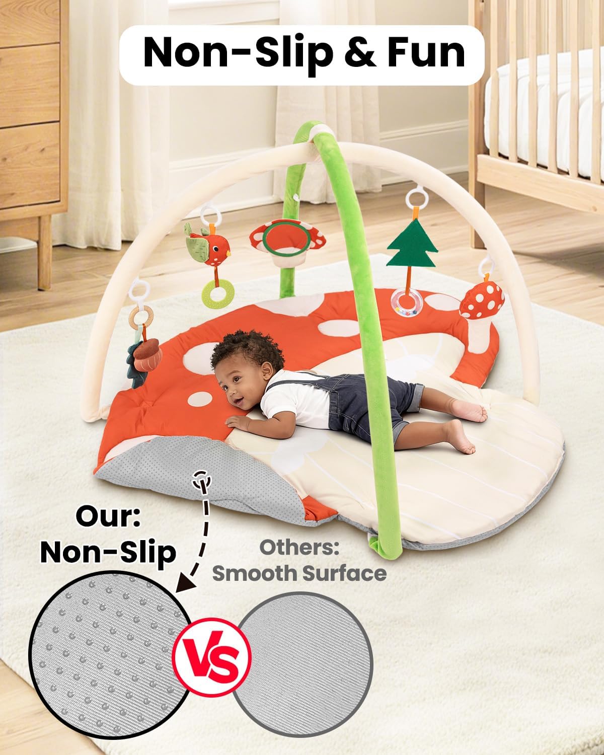Baby Play Gym, 7-in-1 Thickened and Larger Activity Mat, Washable Baby Play Mat with Non Slip Bottom, Tummy Time Mat with 5 Detachable Toys for Motor Skills, Easy to Store - Mushroom