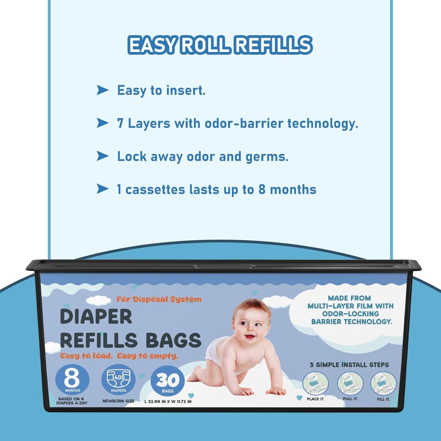 Diaper Pail Refills Bags with 30 Bags Compatible with Genie Easy Roll Signature Diaper Pails and Platinum Diaper Pails, Lasts Up to 8 Months, 7-Layer Odor-Barrier Technology, 2 Packs (60 Bags)
