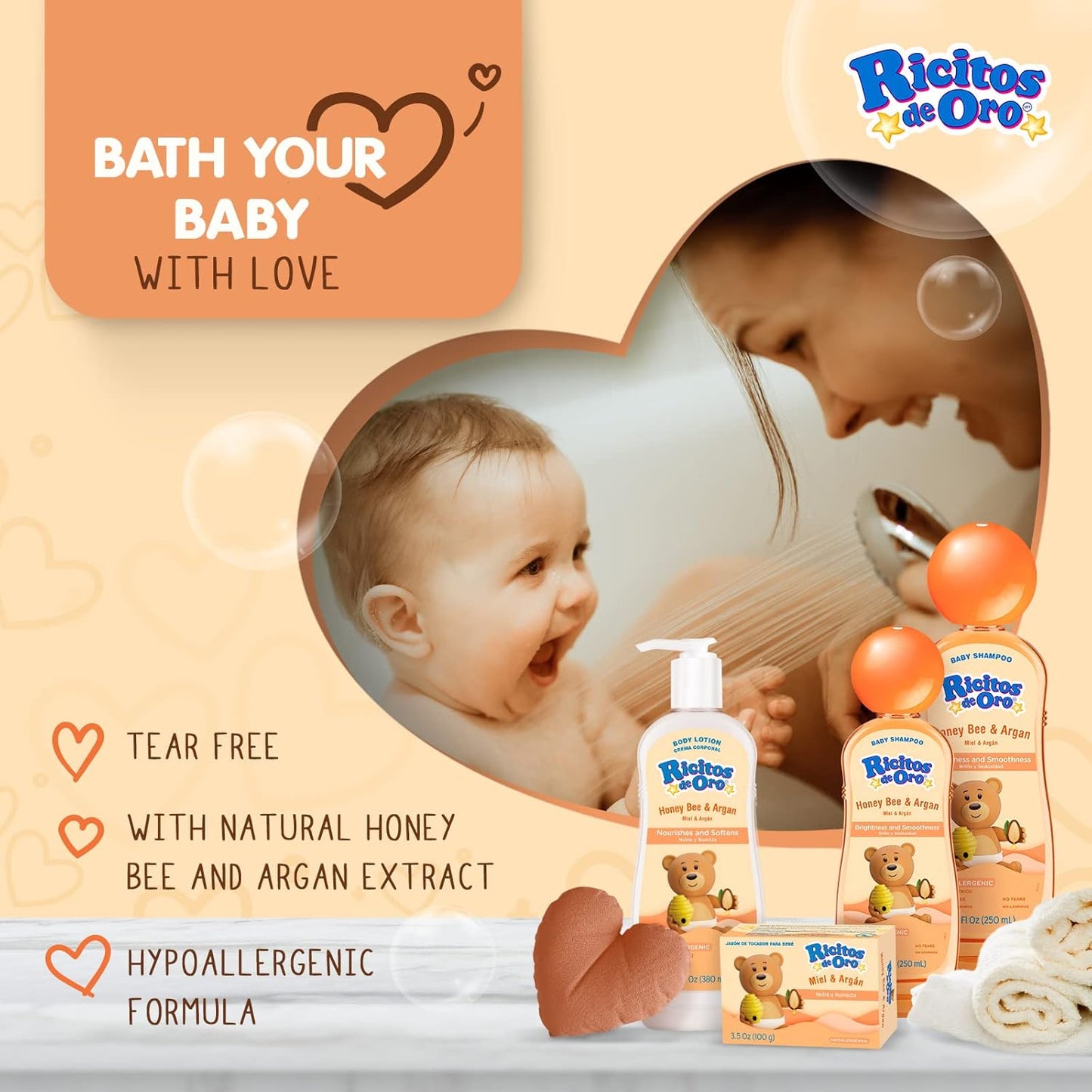 RICITOS DE ORO Honey and Argan Baby Body Lotion That Helps Smooth Baby Skin -Hypoallergenic with Honey Bee Extract Delicious Scent, 2-Pack of 12.8 FL Oz Each, 2 Bottles.