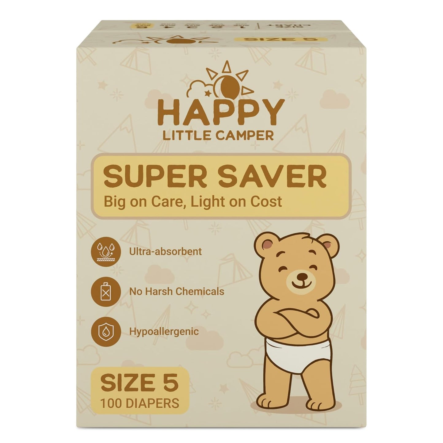 Happy Little Camper Super Saver Diapers, Size 5, 100 Count | Budget-Friendly Disposable Baby Diapers for Sensitive Skin | Hypoallergenic, Fragrance-Free, Ultra Absorbent