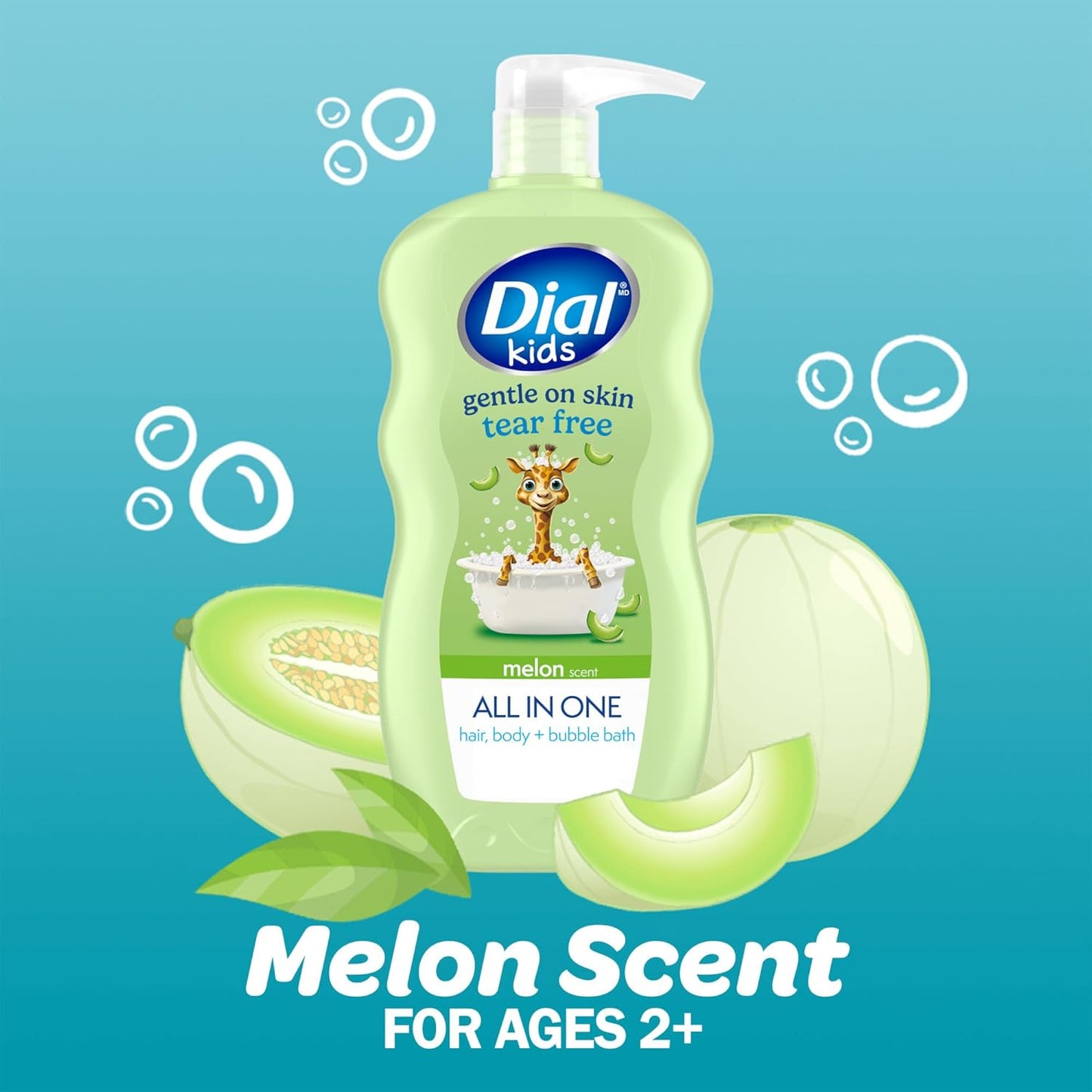 Dial Kids All-in-1 Body Wash + Hair + Bubble Bath, Melon Scent, 24 Fl Oz, Pack of 4, Hypoallergenic Body Wash & Shampoo, No Tears Formula for Kids 2+ Years, No Parabens & Silicones
