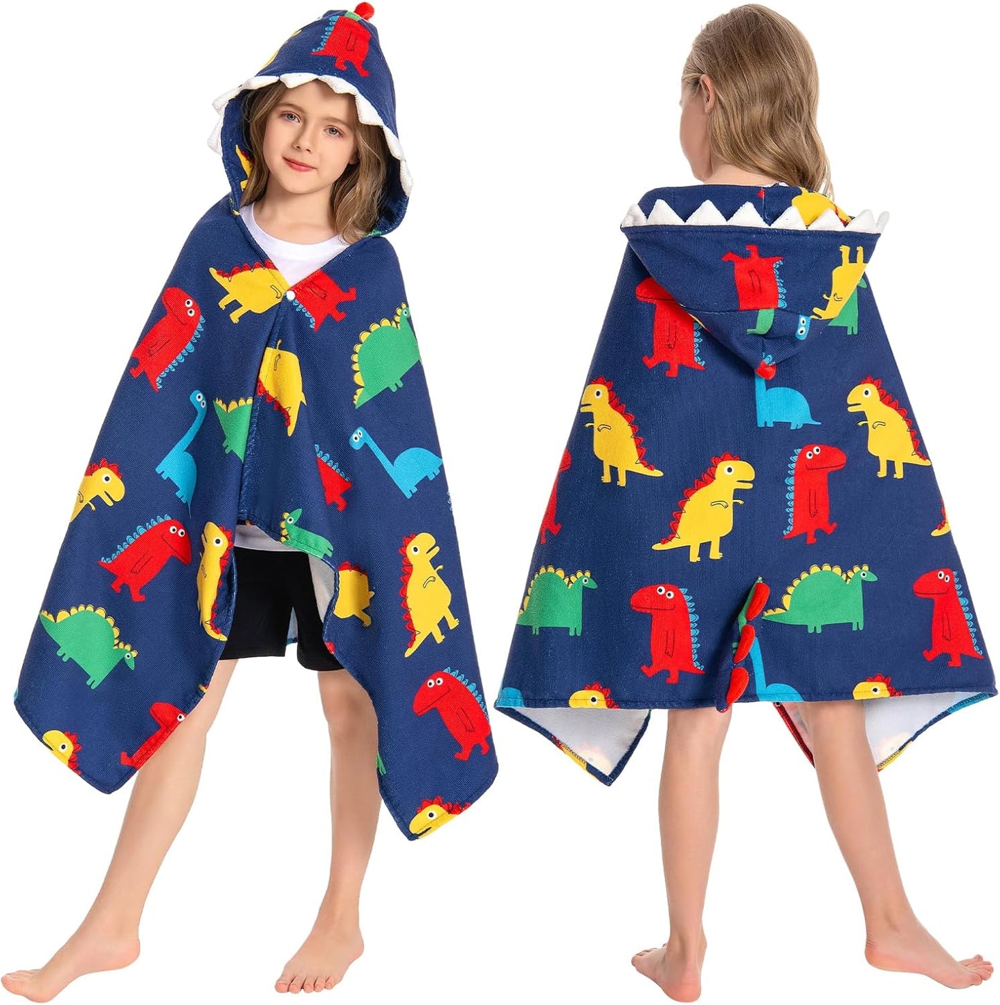 OLAOLA Colorful Dinosaur Hooded Towel for Kids 3-12 Years, 28" x 53" Soft Thick Absorbent Beach Towels, Toddler Bath Towel Wrap Swim Pool Towels Poncho for Boys Girls