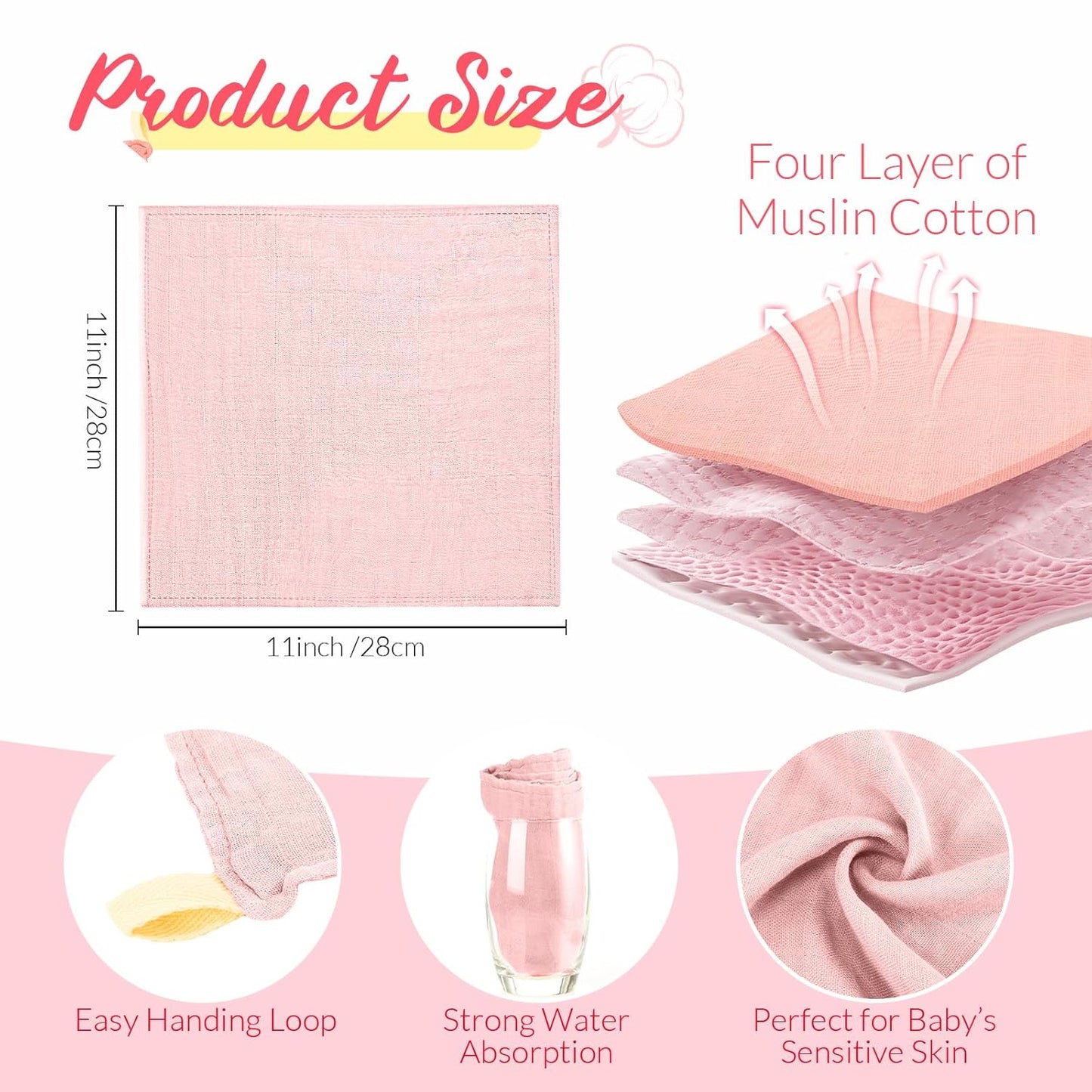 Preboun 6 Pcs Muslin Hooded Baby Towels and Washcloths 32"x 32" Cotton Newborn Bath Towel Anti-Shrink Infant Baby Blankets with Hood 12"x 12" Washcloths for Girl Boy Toddler(Ivory,Pink)