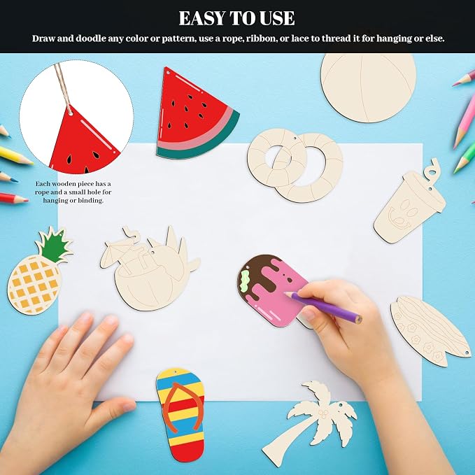 Subacy 80 PCS Unfinished Wood Cutouts 10 Styles DIY Wooden Summer Ornaments