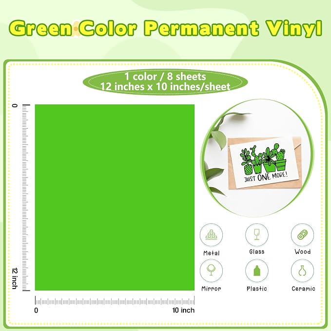 Tintnut Green Permanent Vinyl 8 Sheets 12''x10'' Permanent Adhesive Vinyl |