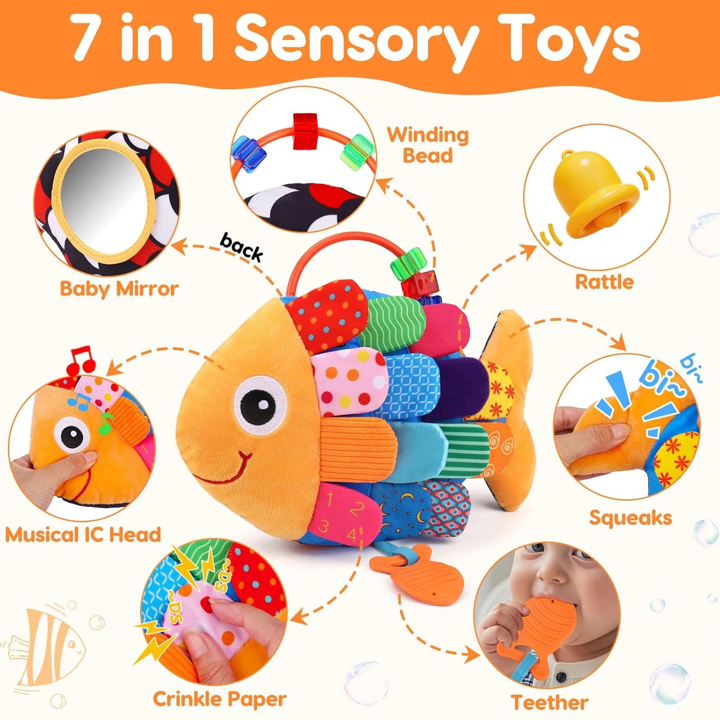 Baby Sensory Tummy Time Toys 0-6 Months Music Fish Toy for Newborn 3 4 5 6 Month Old Black and White High Contrast Infant Toys with Mirror Crinkle Rattle for 3-6 6-12 Months Baby Boy Girl Shower Gifts