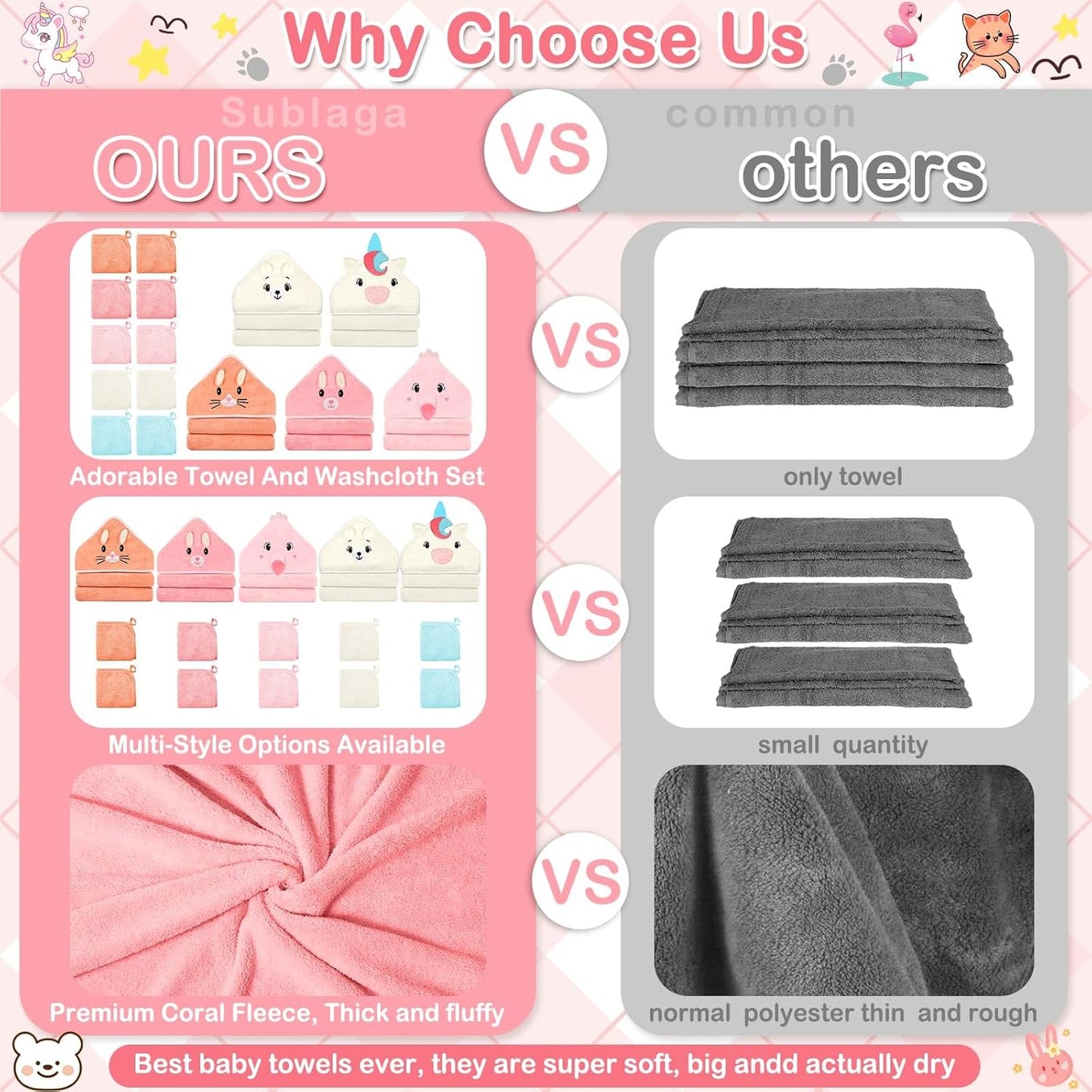 15 Pcs Baby Hooded Baby Towel, Hooded Baby Bath, 5 x Cute Baby Towels and 10 x Baby WashCloth Sets- Perfect Shower Gift for Boys or Girls, Absorbent, Soft, Comforting for Newborn, Infant and Toddler