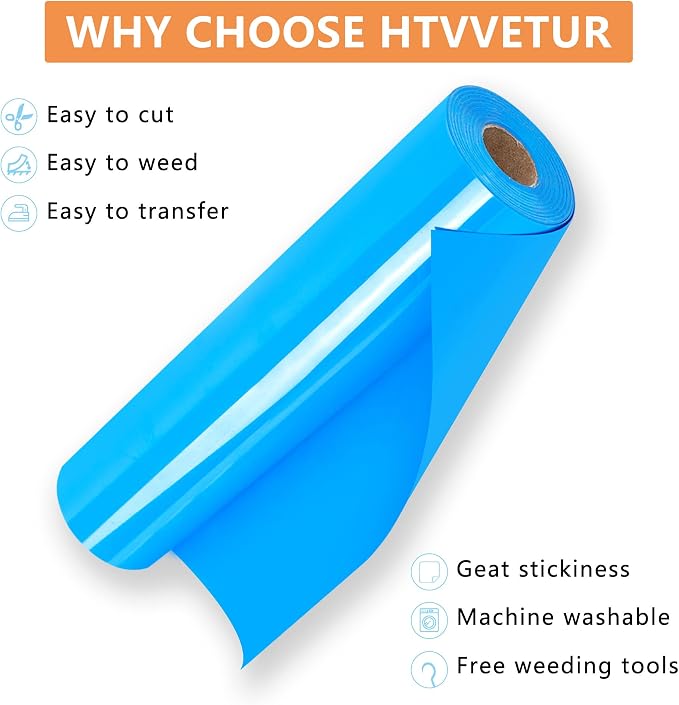 HTVVETUR Lake Blue HTV Iron on Vinyl 12Inch by 35ft Heat Transfer Vinyl