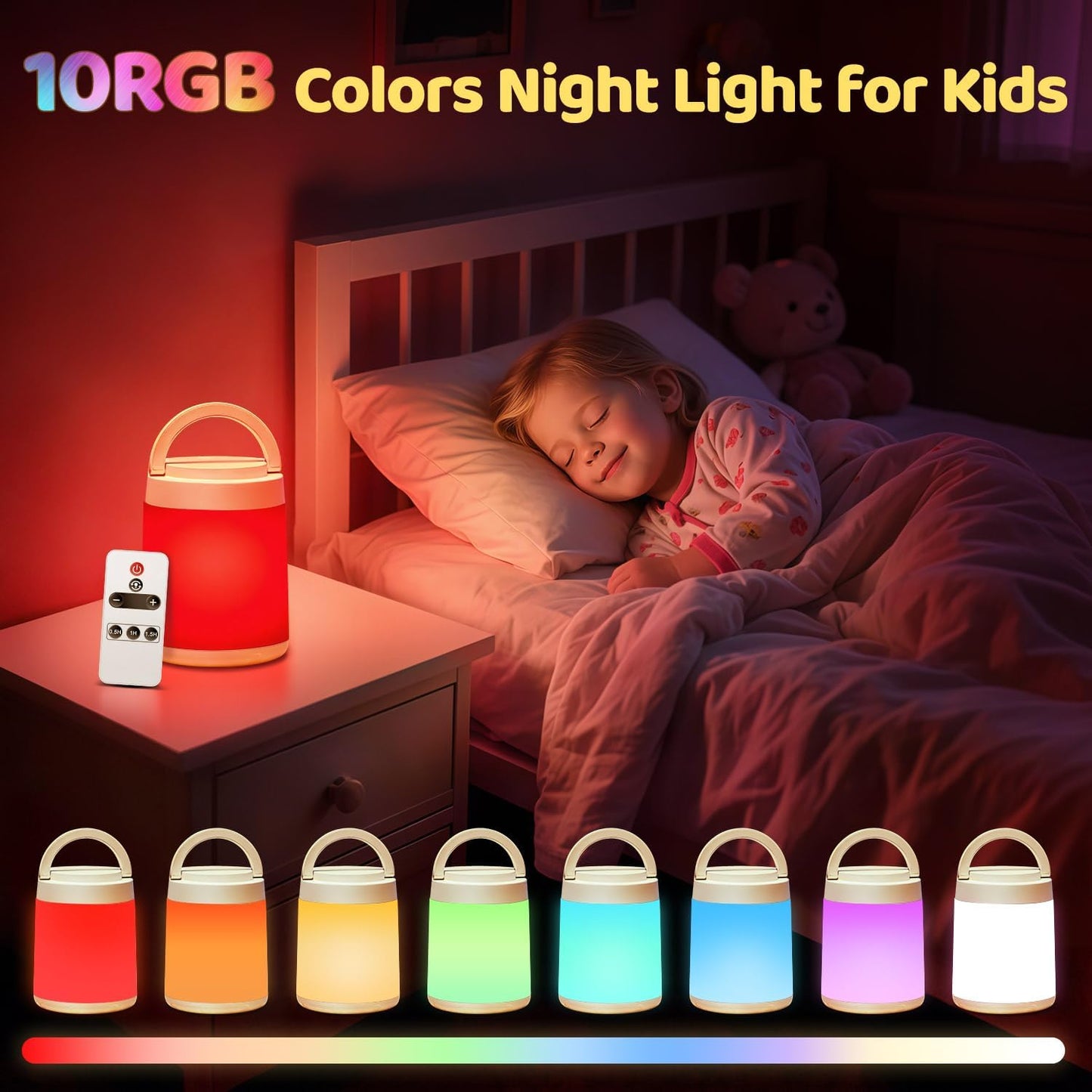 Night Light for Kids,10 Colors+8 Dimmable Baby Night Lights for Nursery Lamp,Portable+Remote+Touch Nightlight for Kids Room,1800mAh Rechargeable night light for Breastfeeding,Red Toddler Night Light
