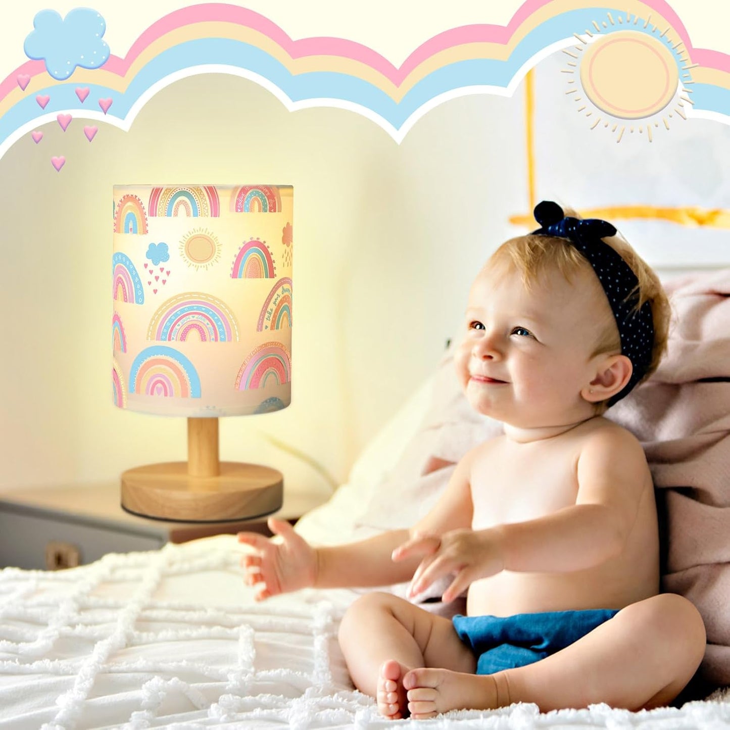 VIHOSE Rainbow Kids Table Lamp for Bedroom Kids Bedside Lamp with Linen Wooden Nightstand Cartoon Nursery Lampshade for Girls Boys Living Room
