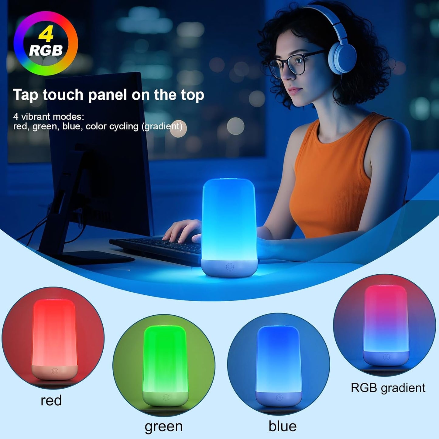 FRIDEKO HOME RGB Touch Bedside Lamp for Nightstand, 3 Color Temperatures Portable Rechargeable Cordless Night Light, Dimmable Mood Lighting for Bedroom, Living Room, Nursery, Breastfeeding, Kid, Adult