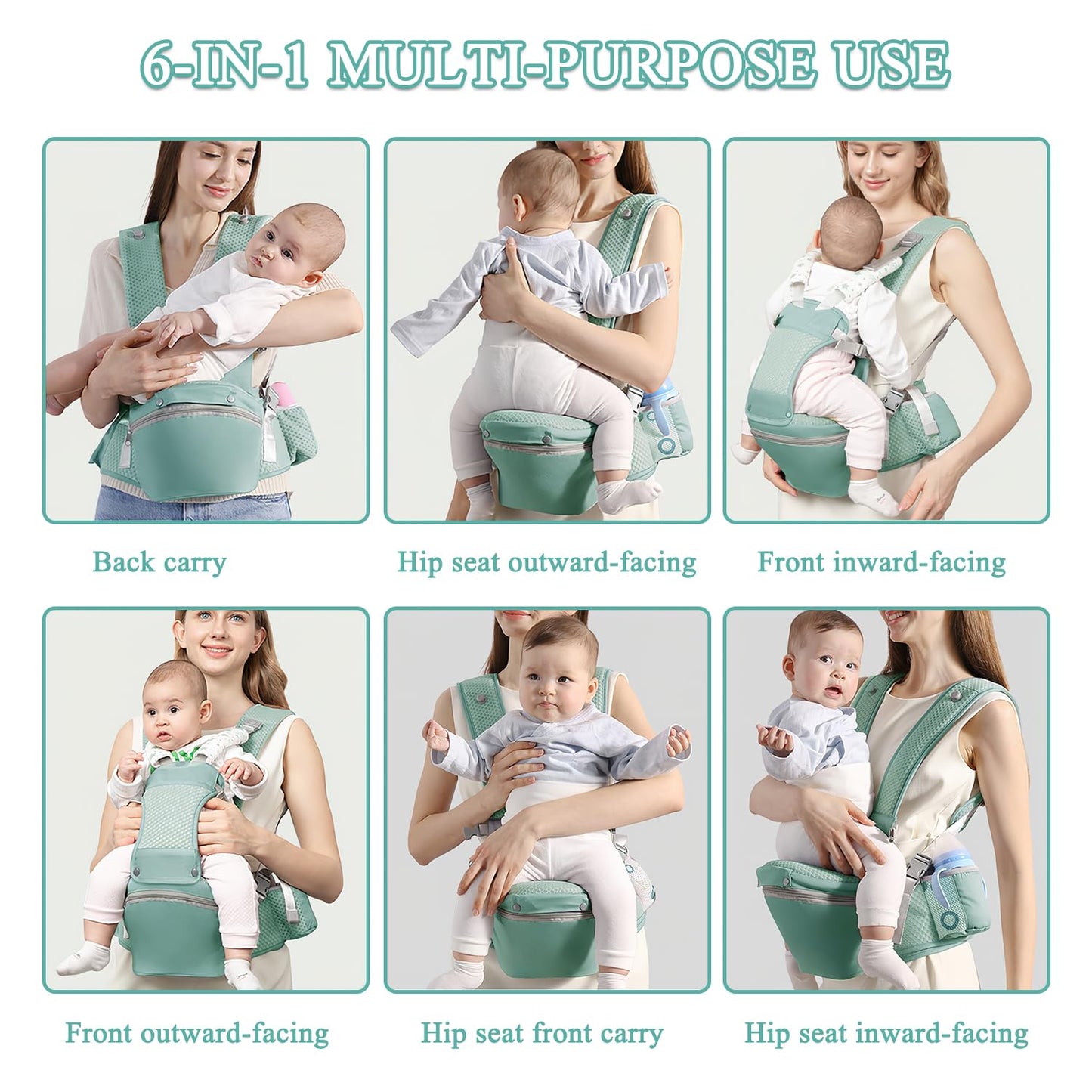 Baby Carrier with Hip Seat for Newborn to Toddler, 6-in-1 Ergonomic Infant Carrier for 0-36 Month Baby, All Positions Soft Breathable Mesh Wrap Carrier with Waist Stool, Easily Adjustable Baby Holder