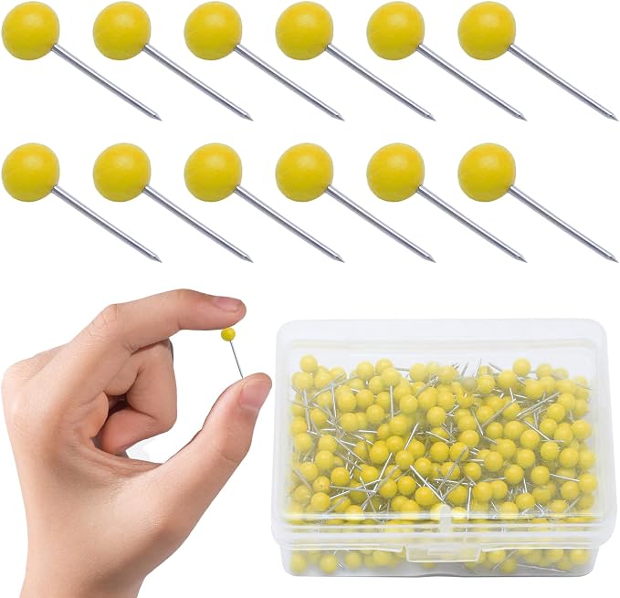 Yellow Map Pins, 1/8 Inch, Round Ball Head | Map Tacks, Push Pins