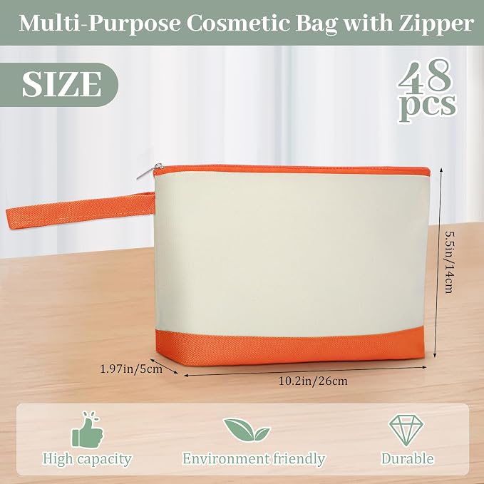 Silkfly 48 Pcs Cotton Canvas Makeup Bags Cosmetic Zipper Bags 10.2 x 5.5 x 2''