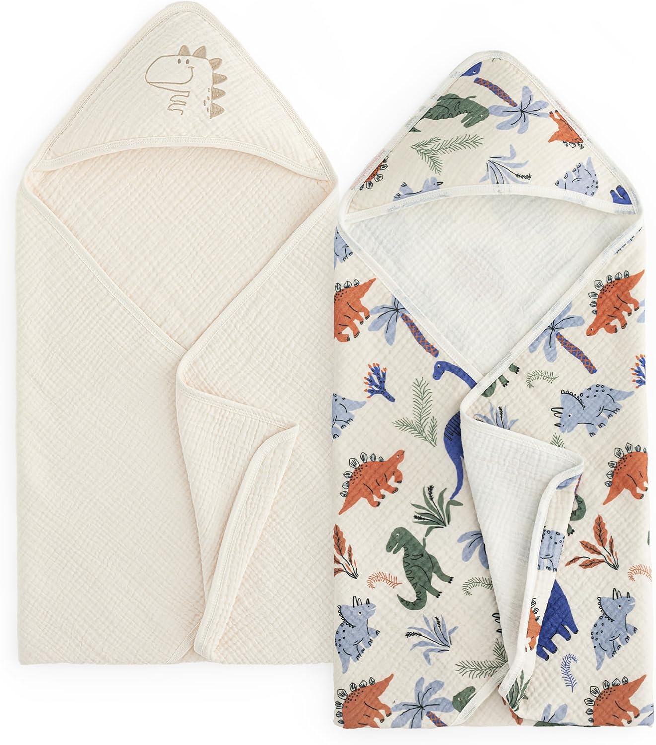 david's kids 2 Pack Hooded Baby Towels, Large 32"x32", 6 Layer 100% Muslin Cotton Highly Absorbent Boy Bath Towel for Newborn, Infant and Toddler, Soft and Breathable Baby Essentials, Dinosaur Story