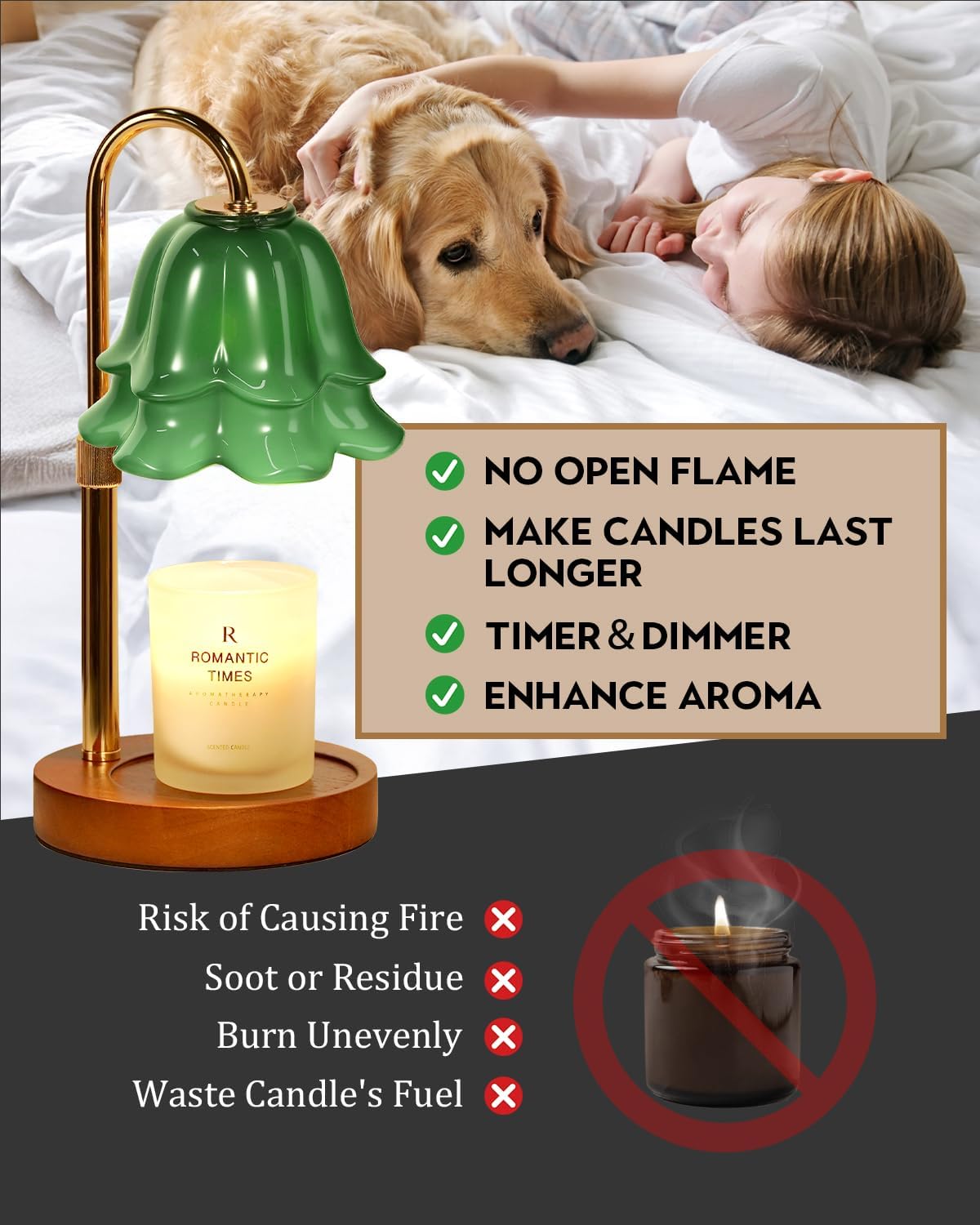 Green Candle Warmer Lamp with Timer & Dimmer, Adjustable Height Christmas Gifts Birthday Gifts for Women Mom, Flower Candle Lamp Warmer, Wax Warmer with 2 Bulbs, House Warming New House Decorations