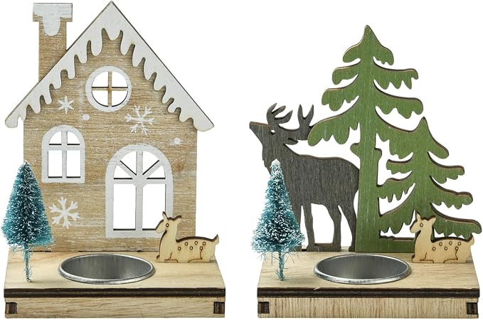 2 pcs 2 Styles Christmas Candlestick Theme Wooden Bases House Deer Tree Wood