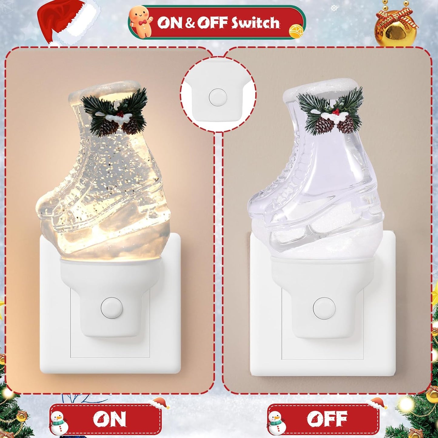 Christmas Night Light Plug into Wall Glitter Water Nightlight with USB/Outlet Options, Christmas Ski Boots Decorative Nightlight for Bedroom Kitchen Nursery Holiday Decorations Gifts (Ski Boots)
