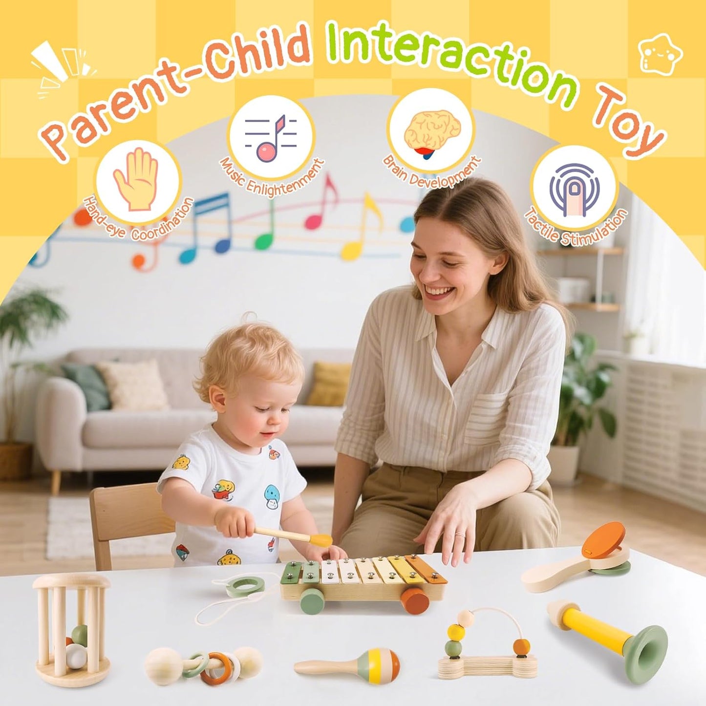 Musical Instruments 7PCS Baby Musical Toys for 18M+ Toddler Boy Girl Toys 2 3 Years Old Wooden Xylophone Maraca Trumpet Rattle, etc. (Storage Bag Included)
