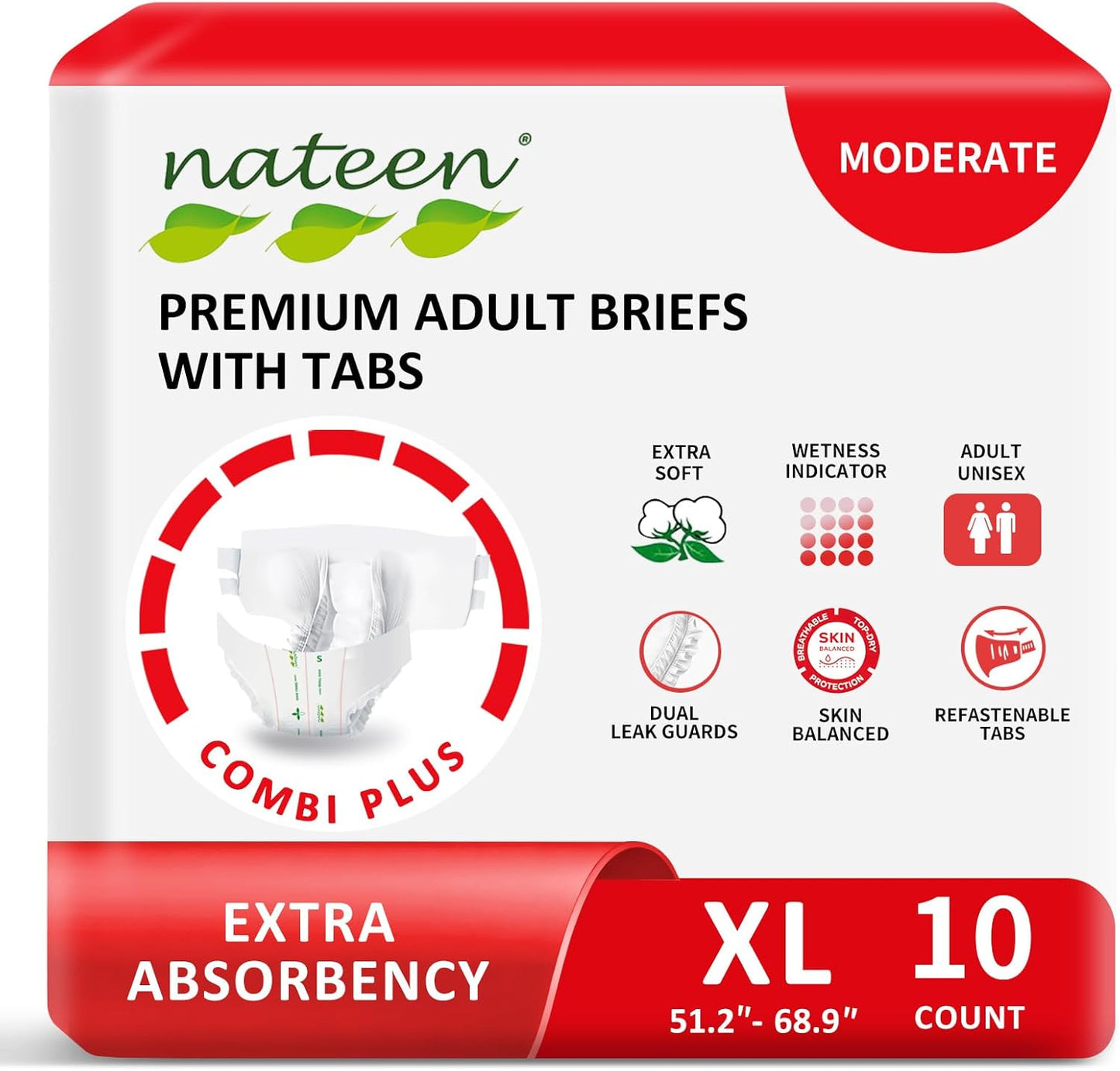 Nateen Combi Plus Adult Diapers with Tabs for Women and Men, Extra Absorbency Disposable Incontinence Briefs, Leakproof and Skin-Friendly Incontinence Underwear.Extra-Large, 10Count
