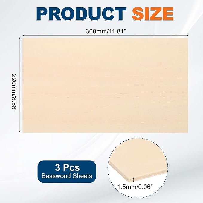 MECCANIXITY 3pcs Basswood Sheets 12 x 9 x 1/16 Inch Unfinished Wood Boards