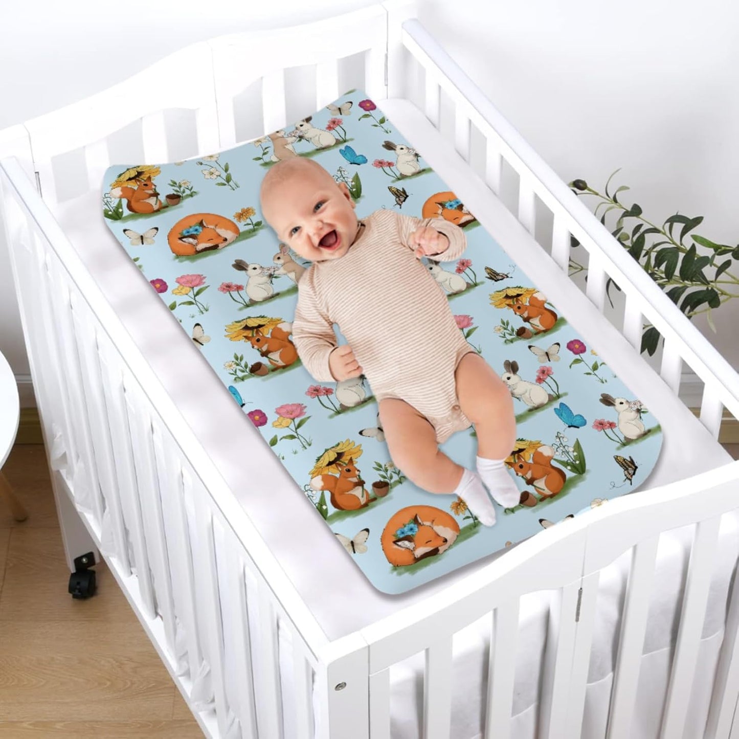 Cute Animals Spring Flowers Baby Changing Pad Covers Boy Girl 32''x16'' Bunny Fox Squirrel Butterflies Floral Fitted Diaper Change Table Mats Forest Soft Breathable Nursery Changing Table Sheets Blue