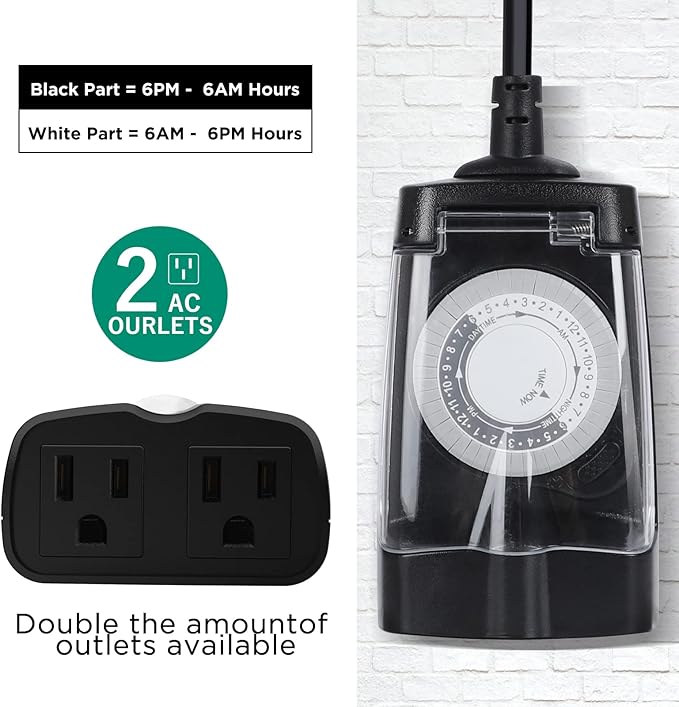 G-Homa 24 Hour Mechanical Outdoor Timer Outlet, Outdoor Timer for Lights, Waterproof, 2 Grounded Outlets, 15A 1/2HP, Heavy Duty, ETL Listed