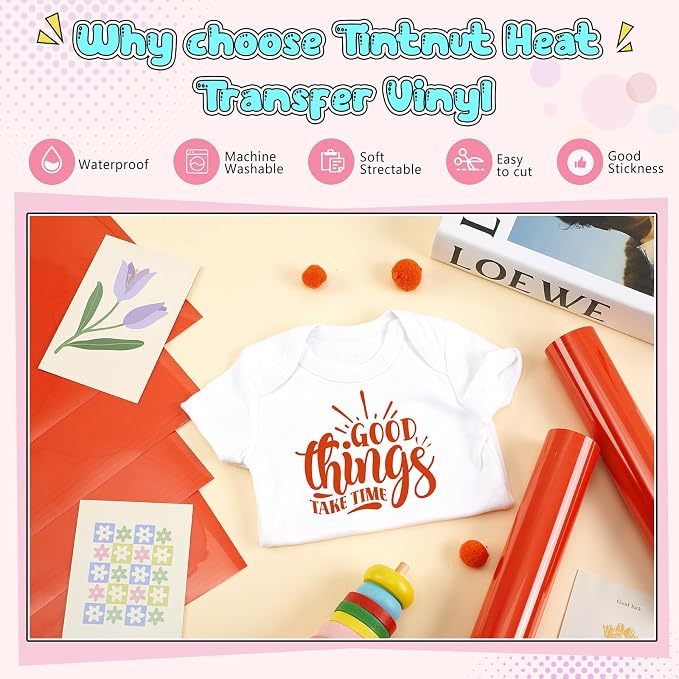 Tintnut Mandarin Red Heat Transfer Vinyl, easy cut & weed, stretch washable